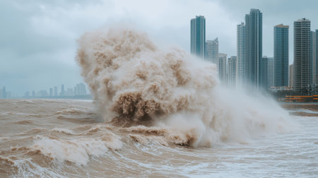 Powerful Waves Crashing on Shoreline in Urban Setting with Skyscrapers and Dramatic Weather Conditions, Showcasing Nature's Fury and City Lifeの素材