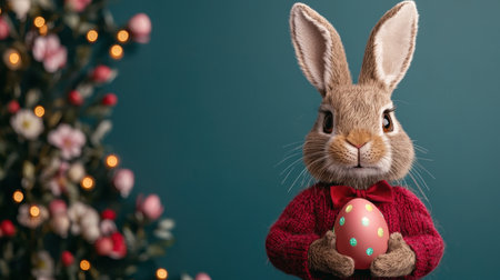 Cute rabbit in festive sweater holding colorful Easter egg in front of floral background with soft lights and pastel decorations for spring celebrationsの素材
