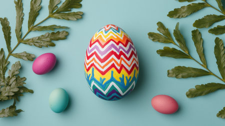 Colorful Easter egg with vibrant patterns surrounded by pink and blue eggs and green leaves on a light blue background for festive spring celebrationsの素材