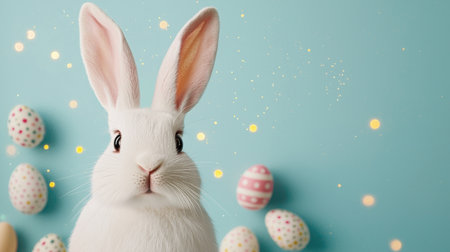 Cute white rabbit with large ears against a light blue background surrounded by decorative Easter eggs in pastel colors and soft glowing bokeh lightsの素材