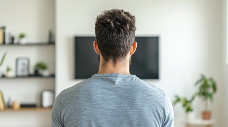 Young man standing in living room, looking at television screen, relaxed atmosphere, modern decor, home environment, casual clothingの素材