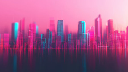 Futuristic Urban Skyline with Neon Lights and Digital Overlay in Pink and Blue Hues Reflecting on a Calm Water Surfaceの素材