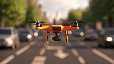 Aerial Surveillance Drone Flying Above Busy City Street with Traffic, Capturing Images and Video in Urban Environment Under Clear Blue Skyの素材