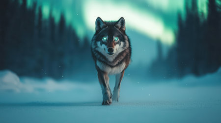 Majestic wolf with glowing eyes walking through snowy landscape under northern lights in a serene winter environment at twilightの素材