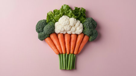 Fresh Vegetables Arrangement with Carrots, Broccoli, Cauliflower, and Lettuce on a Pink Background Ideal for Healthy Eating and Nutrition Themesの素材