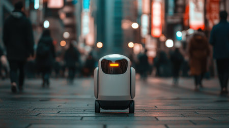 Modern Robot Delivering Goods on Urban Street with People Walking in Busy City and Night Lights Creating A Vibrant Atmosphereの素材