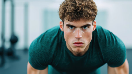 Focused Young Man in Workout Pose at Gym, Determined Athlete Preparing for Strength Training and Fitness Challenge in Modern Gym Environmentの素材