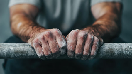 Close-up of muscular hands gripping a barbell, showcasing strength and determination, with chalk dust on palms, representing fitness and workouts in gym settingの素材
