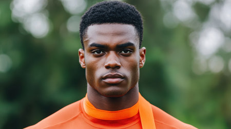 Young man with a serious expression wearing an orange athletic shirt against a blurred green background focusing on determination and strength in sportsの素材