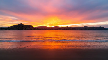 Serene Sunset Over Tranquil Ocean Waves and Lush Green Hills with Beautiful Colors Reflecting on Calm Water Surfaceの素材