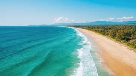 Aerial View of Serene Ocean Waves Crashing on Sandy Shoreline Surrounded by Lush Greenery and Majestic Mountains Under Bright Blue Skyの素材
