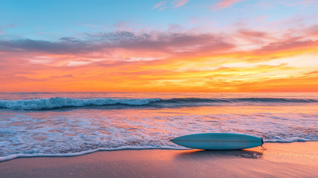 Serene Sunset Over Ocean Waves with Surfboard on Sandy Beach Capturing Tranquil Seaside Beauty and Nature's Colorful Display at Duskの素材