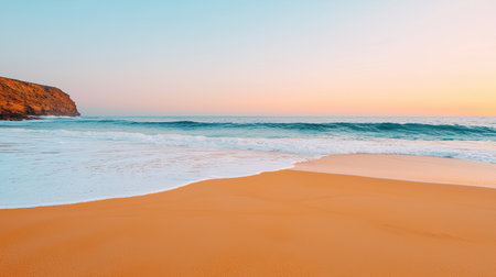 Serene Beach Sunset with Gentle Waves and Golden Sand, Peaceful Coastal Landscape during Twilight Hours, Tranquil Nature Beauty by the Seaの素材