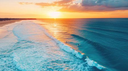 Serene Sunset Over Calm Ocean Waves with Surfers Riding the Surf on a Beautiful Evening by the Shoreline in Vibrant Colors of Natureの素材