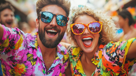 Happy young couple in vibrant tropical outfits celebrating at a lively street festival with bright colors and joyful atmosphere in summer sunshineの素材