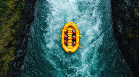 Adventurous White Water Rafting Experience on Rapid River with Excited People in Bright Yellow Raft Surrounded by Stunning Nature and Turbulent Water Flowの素材