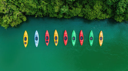 Colorful Kayaks Aligned on Calm Water Surrounded by Lush Greenery, Perfect for Outdoor Adventure and Water Sports Photographyの素材