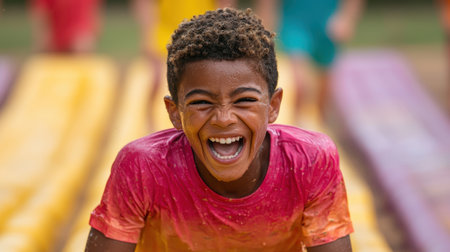 Joyful young boy laughing while sliding down a colorful water slide under the bright sun during summer fun at an amusement park or water playgroundの素材