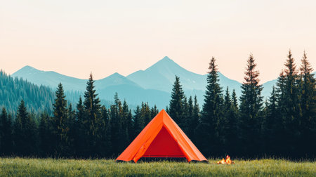 Vibrant Orange Tent in Serene Mountain Landscape Surrounded by Lush Green Grass and Tall Evergreen Trees at Duskの素材