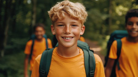 Happy boys hiking in forest wearing orange shirts with backpacks enjoying adventure during summer camp in natural green environmentの素材
