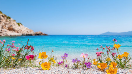 Vibrant Wildflowers on Sandy Beach with Turquoise Ocean Water and Cliffside Under Clear Blue Skyの素材