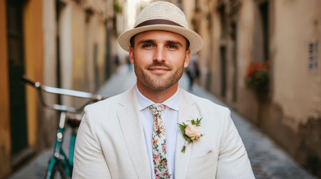 Stylish man in light suit and hat standing in charming alley with bicycle, showcasing contemporary elegance and modern wedding attire in vibrant city settingの素材