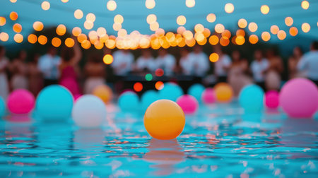 Colorful Floating Balls on Water at a Festive Outdoor Party with Twinkling Lights in a Seasonal Celebration Atmosphereの素材