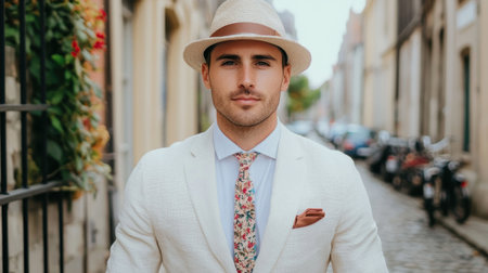 Stylish man in light suit and straw hat walking down a charming cobblestone street lined with colorful buildings and bicycles during a sunny dayの素材