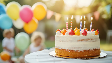 Celebration with Colorful Birthday Cake Adorned with Candles and Festive Balloons in a Joyful Outdoor Setting for Special Momentsの素材