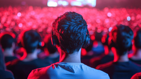 Young man with headphones in crowd at live concert during vibrant light show, experiencing music and energy of a lively performance eventの素材