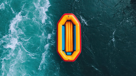 Bright and Colorful Inflatable Raft Floating on Turquoise Ocean Waters Under Bright Sunlight, Perfect for Summer Adventure and Outdoor Activitiesの素材