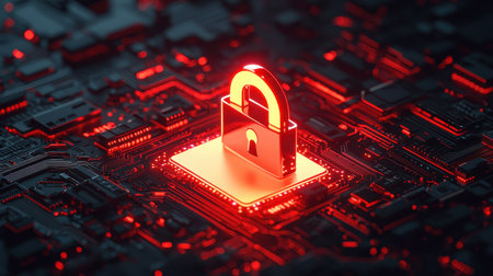Digital security lock on circuit board background, symbolizing protection and data security in technology and cyber space, bright red tonesの素材