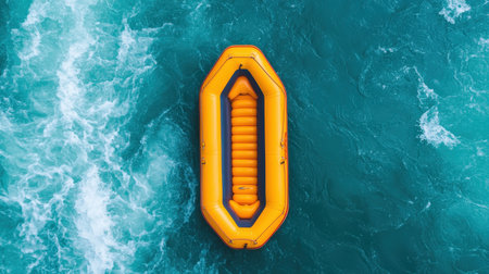Aerial View of a Bright Yellow Inflatable Raft Floating on Turquoise Ocean Waters with Waves Surrounding Itの素材