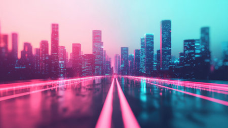 Vibrant Futuristic Cityscape with Blurred Neon Lights and Reflections in the Wet Pavement at Dusk, Capturing Modern Urban Aesthetic and Ambianceの素材