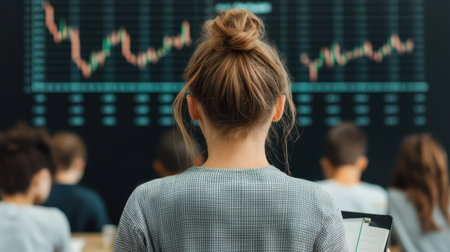 Young woman observing financial data on screen in modern classroom environment with students engaged in learningの素材