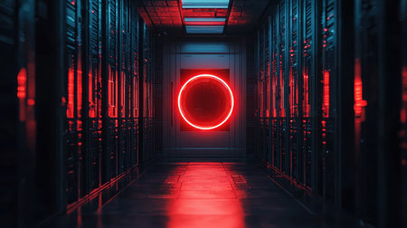 Neon Red Circle in Dark Server Room with Symmetrical Rows of Data Storage Equipment Enhancing the Futuristic High-Tech Atmosphereの素材