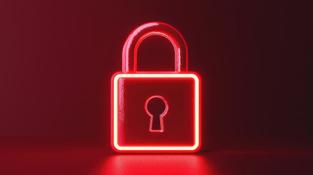Bright Red Neon Padlock Symbolizing Security, Privacy, Protection, and Safety in Technology and Digital Environments for Modern Visualsの素材