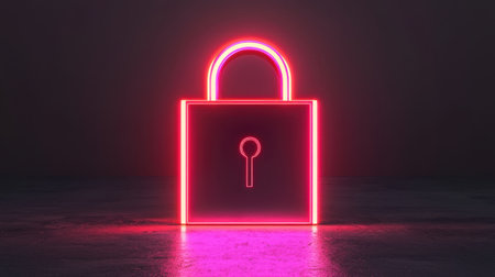 Neon Lock Symbol in Dark Space Representing Security, Protection, and Confidentiality for Digital and Physical Environments in a Futuristic Styleの素材