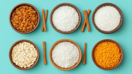 Assorted Ingredients for Culinary Creations in Rustic Bowls with Colorful Background Emphasizing Variety and Texture in Food Preparation Photographyの素材