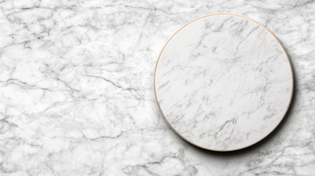 Round marble plate on a white marble countertop surface, showcasing elegant and luxurious texture with natural vein patterns in the stone designの素材
