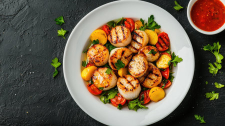 Grilled Scallops with Cherry Tomatoes and Herbs Served on White Plate with Dipping Sauce on Dark Textured Backgroundの素材