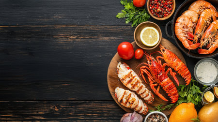 Fresh Seafood Spread with Lobster, Shrimp, Tomatoes, Lemon, Herbs, and Spices on Dark Wooden Table for Culinary and Food Photographyの素材