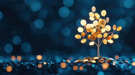 Golden Tree of Prosperity on a Shimmering Blue Background with Blurred Circle Lights, Symbolizing Wealth Growth and Financial Successの素材