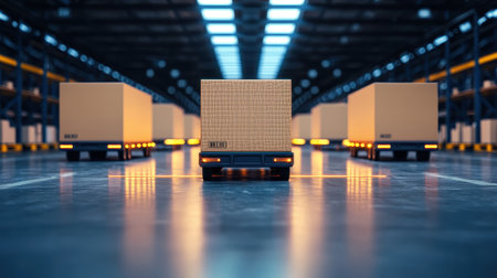 Modern Automated Warehouse with Pallet Jacks, Boxes Ready for Shipment, and Bright Industrial Lighting in an Efficient Supply Chain Environmentの素材