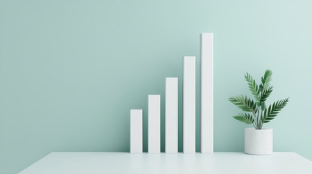 Minimalist design with white bar graph growing in height next to green plant on light blue wall, representing growth, progress, and success in business endeavorsの素材
