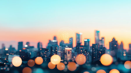 Vibrant City Skyline at Dusk with Bokeh Lights and Soft Colors Reflecting the Beauty of Urban Life and Evening Atmosphereの素材