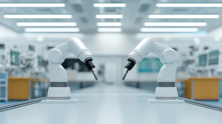 Advanced robotic arms in modern laboratory setting with automated machinery and clean design ideal for innovation and technology explorationの素材