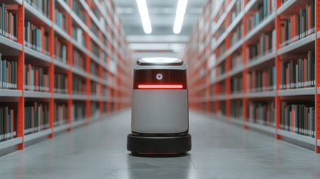 Robot Assistant in Library Environment Navigating Aisles Between Bookshelves with Modern Design and Advanced Technology for Enhanced Information Retrievalの素材