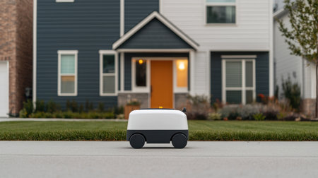 Cute delivery robot on sidewalk in front of modern suburban home with colorful door and green lawn in peaceful neighborhood setting during twilightの素材