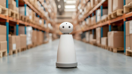 Innovative Robot Assistant in Modern Warehouse Environment with Shelves of Packed Boxes and Bright Lightingの素材